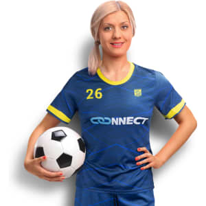A woman poses in a custom women's soccer top featuring blue and yellow colours, holding a soccer ball. The shirt has a logo.
