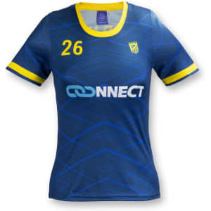 A women's soccer top in navy blue with yellow accents and a logo. Features a geometric pattern and number 26.