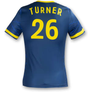 A blue women's soccer top with yellow accents and a logo, featuring the name "Turner" and the number "26" on the back.