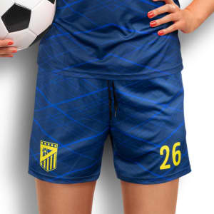 Custom women's soccer shorts in blue with a sporty pattern and logo, featuring a yellow number 26.