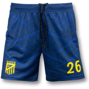 Custom women's soccer shorts in dark blue with a pattern and a logo, featuring a yellow number 26.