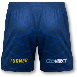 A pair of custom women's soccer shorts in navy blue, featuring a geometric pattern and logos.