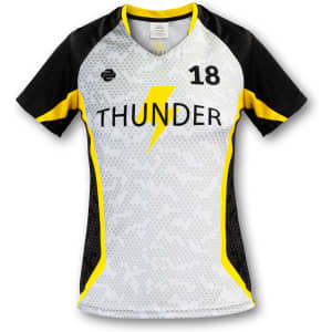 A women's volleyball top in grey with black and yellow accents, featuring a logo and number 18.