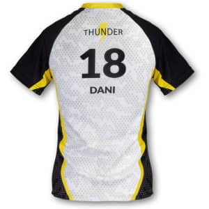 A women's volleyball top in white, black, and yellow, featuring a logo and the number 18 on the back.