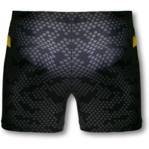 Custom women's volleyball shorts in black with a textured pattern and yellow accents. Features a logo.