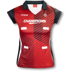 A women's netball top in red and black with a collar, featuring a logo and design elements.