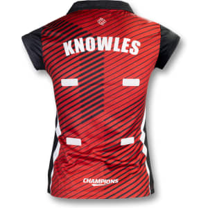 A women's netball top in red and black, featuring a logo and a name on the back.