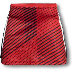 A custom women's netball skirt in red with black diagonal stripes and white side accents. Features a logo.