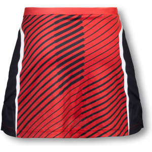 A custom women's netball skirt in red and black with a distinctive striped pattern and white side accents.