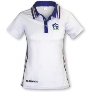 A custom women's tennis top in white with a blue collar and multicoloured stripes, featuring a logo.