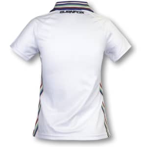 A white women's tennis top featuring a collar and multicoloured stripes along the sides, with a logo on the back.