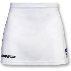 A white women's tennis skirt with a logo on the hem. The fabric appears lightweight and flexible.