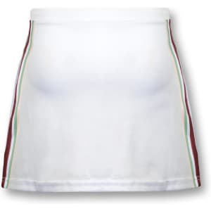 A white women's tennis skirt featuring coloured stripes on the sides and a logo.