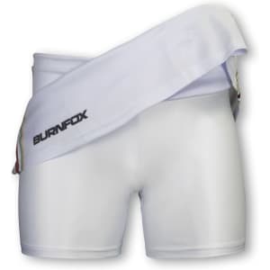 A white sports skirt with a wide waist band and a logo on the side.
