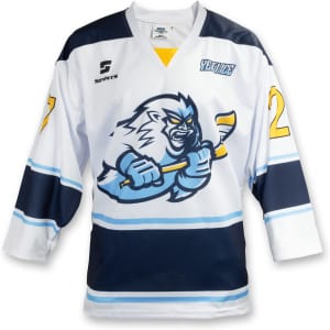 A custom hockey jersey featuring a blue and white design with a graphic of a fierce-looking polar bear.