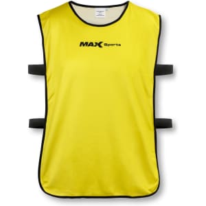 A yellow training bib with black trim and straps, featuring a logo on the front.
