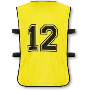 A bright yellow training bib featuring a large black number 12 and adjustable black straps on the sides.