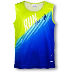 A sleeveless sports singlet in vibrant lime green and blue, featuring a logo and a bold design.