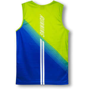 A blue and lime green sports singlet featuring stripes and a logo on the back.