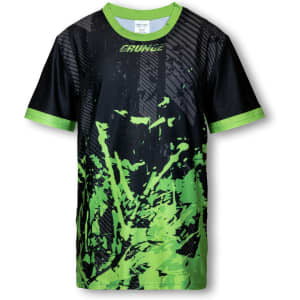 A custom kids sports T-shirt featuring a black base with green graphic designs and a green collar. Includes a logo.