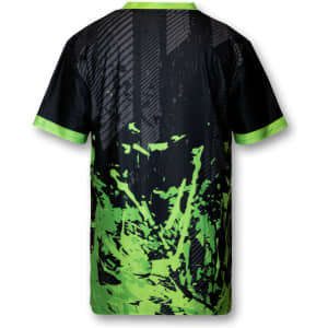 A black sports T-shirt featuring green abstract designs and a green collar. It has a logo on the back.