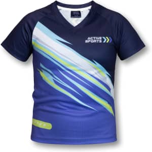 A custom kids performance T-shirt in navy blue with a vibrant design featuring blue and green stripes. It includes a logo.