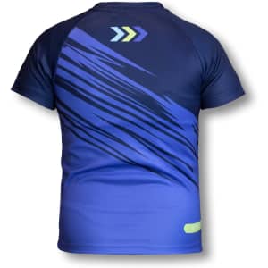 A blue kids' performance T-shirt featuring dynamic stripes and a logo, designed for sports uniforms.