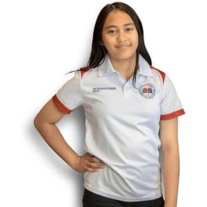 A custom kids sports polo in white with red accents, featuring a logo on the upper left.