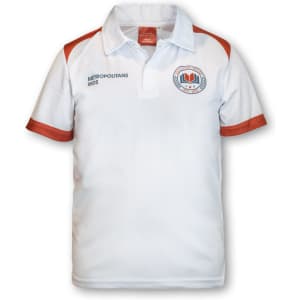 A white sports polo with orange accents and a logo on the chest, designed for kids.