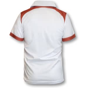 A white and orange custom kids sports polo shirt with a collar and short sleeves, featuring a logo.