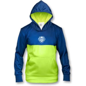A blue and lime green sports hoodie featuring a front pocket and a hood, with a logo on the chest.