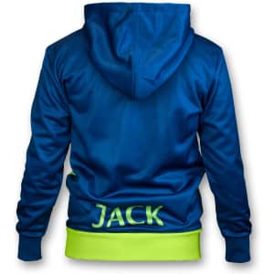A blue hoodie with a hood and a lime green bottom, featuring a logo and the name "JACK" on the back.