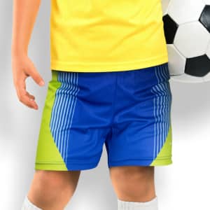 Custom kids sports shorts featuring blue and lime green colours, with a logo, suitable for sports activities.