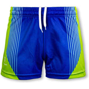 Bright blue and green custom kids sports shorts with side stripes and an elastic waistband. Features a logo.