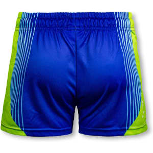 Custom kids sports shorts in blue with green accents and a logo. Designed for sports activities.