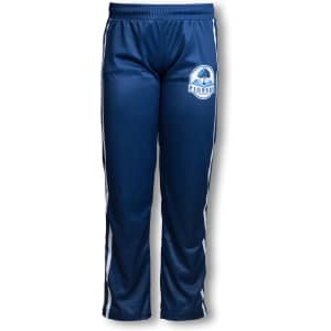 Custom kids' track pants in navy blue with white side stripes and a logo on the front.
