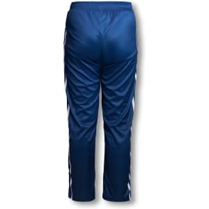 Navy blue kids' track pants with a comfortable elastic waistband and white side stripes. Includes a logo on the waistband.