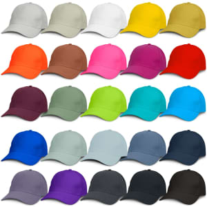 A collection of caps in various colours, including white, yellow, orange, pink, red, purple, and more. Each cap features a logo.