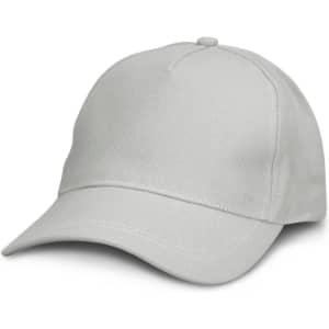 A grey cap with a curved brim and a rounded crown, featuring a logo on the front.