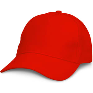 A red cap with a curved brim, featuring a logo or branding, displayed on a white background.