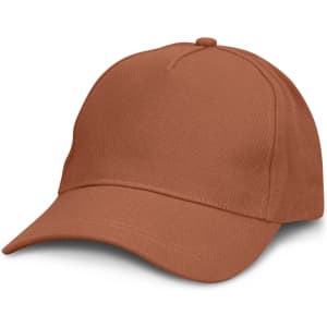 A brown cap with a curved brim and a rounded crown, featuring a logo on the side.