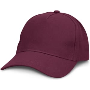 A maroon cap with a curved brim and a logo on the front, featuring a classic fitted style.