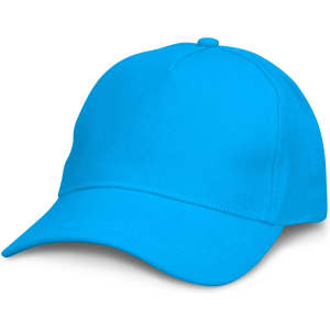 A blue cap with a curved brim and a rounded crown, featuring a branding logo.