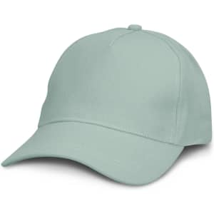 A mint green cap featuring a rounded crown and a curved brim, with a logo on the front.