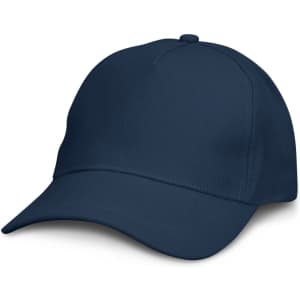 A navy blue cap featuring a curved peak and an adjustable strap at the back, with a logo on the front.