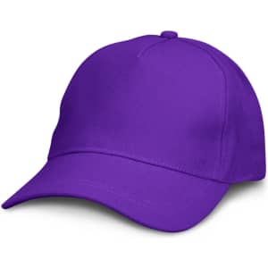 A purple cap with a curved brim and a structured body, featuring a logo on the front.