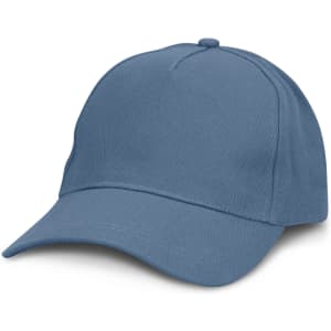 A blue cap with a structured design and a curved brim, featuring a logo on the front.