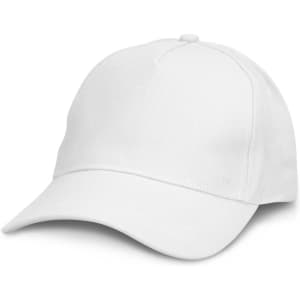 A white cap featuring a curved brim and an adjustable strap at the back, with a logo on the front.