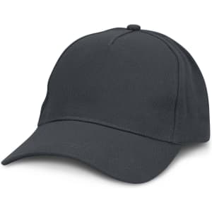 A dark grey cap with a structured front and curved brim, featuring a logo on the front.