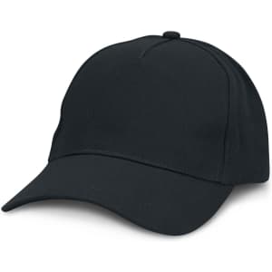 A black baseball cap with a rounded crown and a curved peak, featuring a subtle logo.